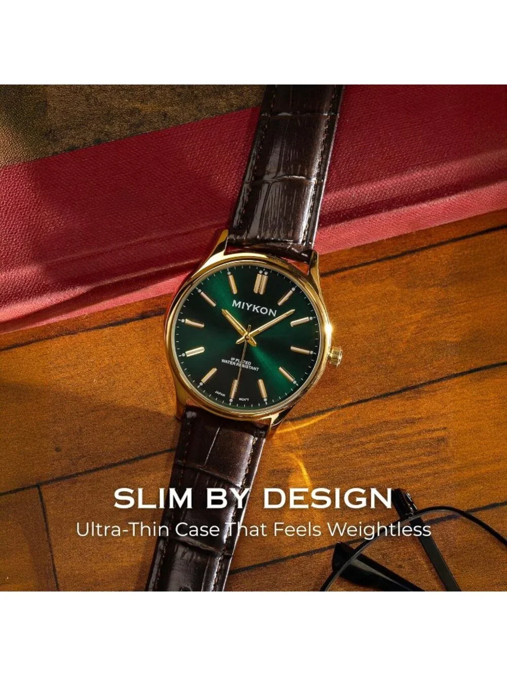 Men's Brown And Green Analog Leather Strap Ultra-Thin Waterproof Classic Watch